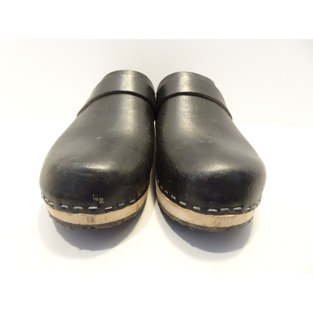 Swedish Hasbeens Black Leather Clogs Wooden Platform Slip On Mules Size 38